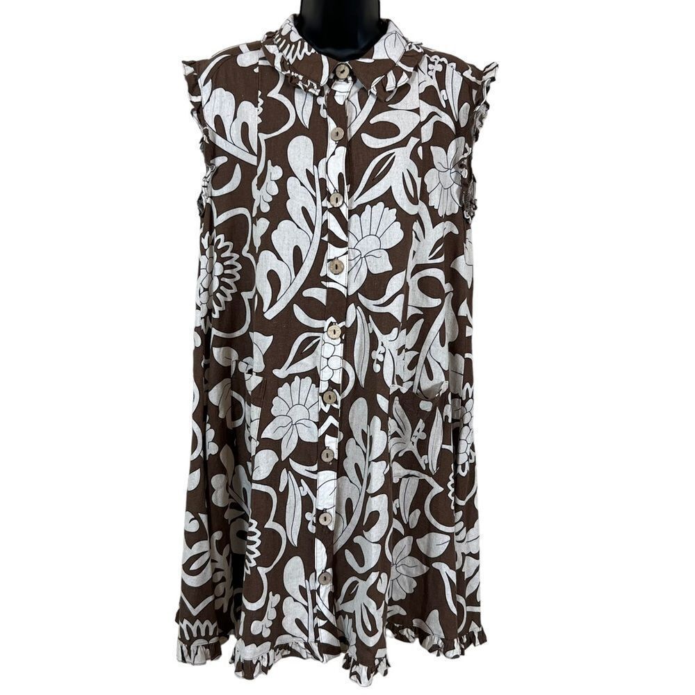 UNCLE FRANK brown & ivory floral ruffled linen blend swing dress